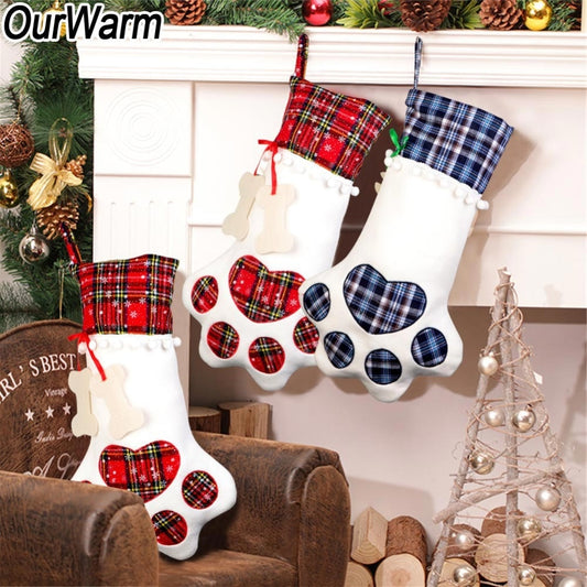 OurWarm Plaid Christmas Stocking New Year Gift Bag for Pet Dog Cat Christmas Goods Xmas Tree Hanging Ornaments navidad