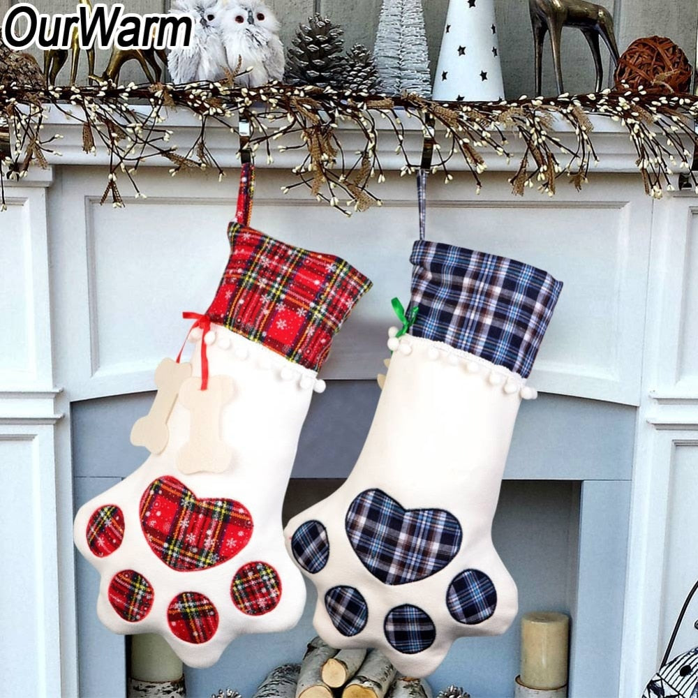 OurWarm Plaid Christmas Stocking New Year Gift Bag for Pet Dog Cat Christmas Goods Xmas Tree Hanging Ornaments navidad